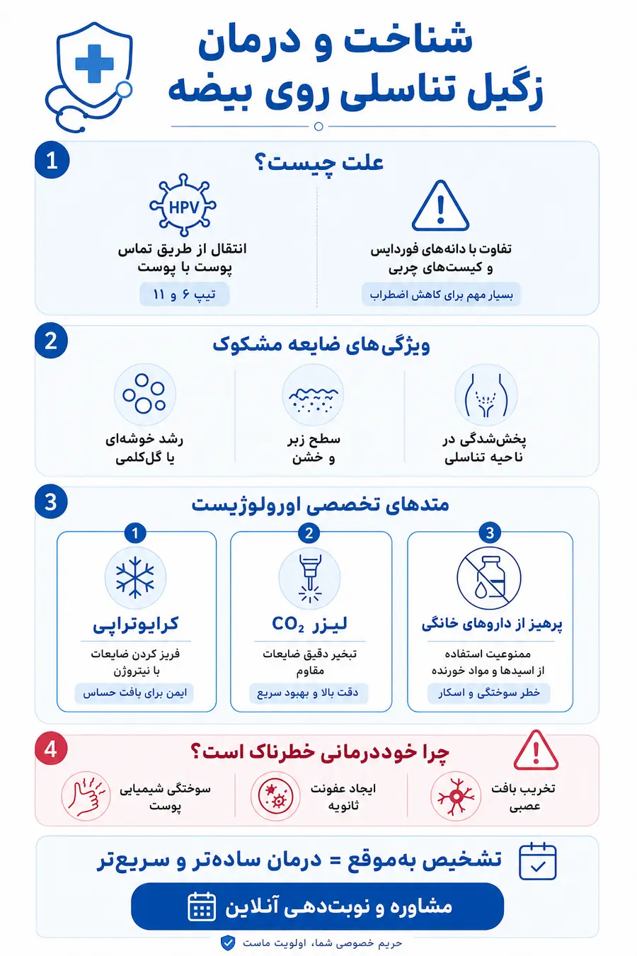 تصویر اینفوگرافیک بررسی علل ایجاد و روش های درمان زگیل تناسلی روی بیضه