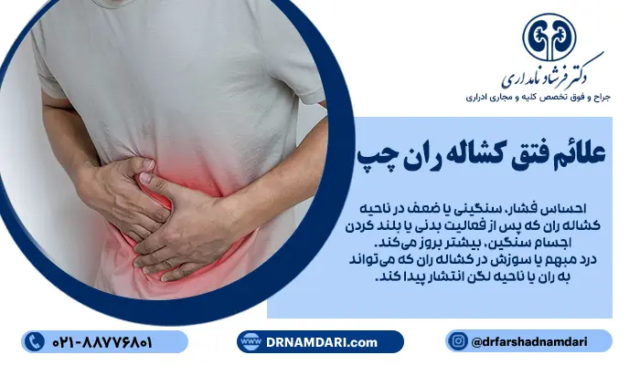 علائم هرنی اینگوینال چپ، شامل تغییرات ظاهری و احساسات ناخوشایند در ناحیه کشاله ران است که رایجترین آنها، به شرح زیر هستند.